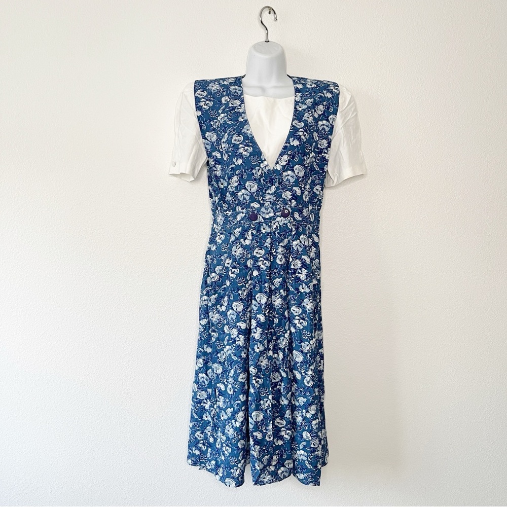 VTG R.J Stevens Blue Floral Midi Short Sleeve Prairie Dress Size 6P Cottagecore